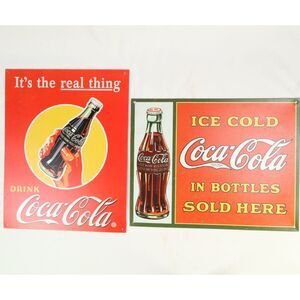 Coca Cola Real Thing & In Bottles Metal Signs 16"x 13" set of 2